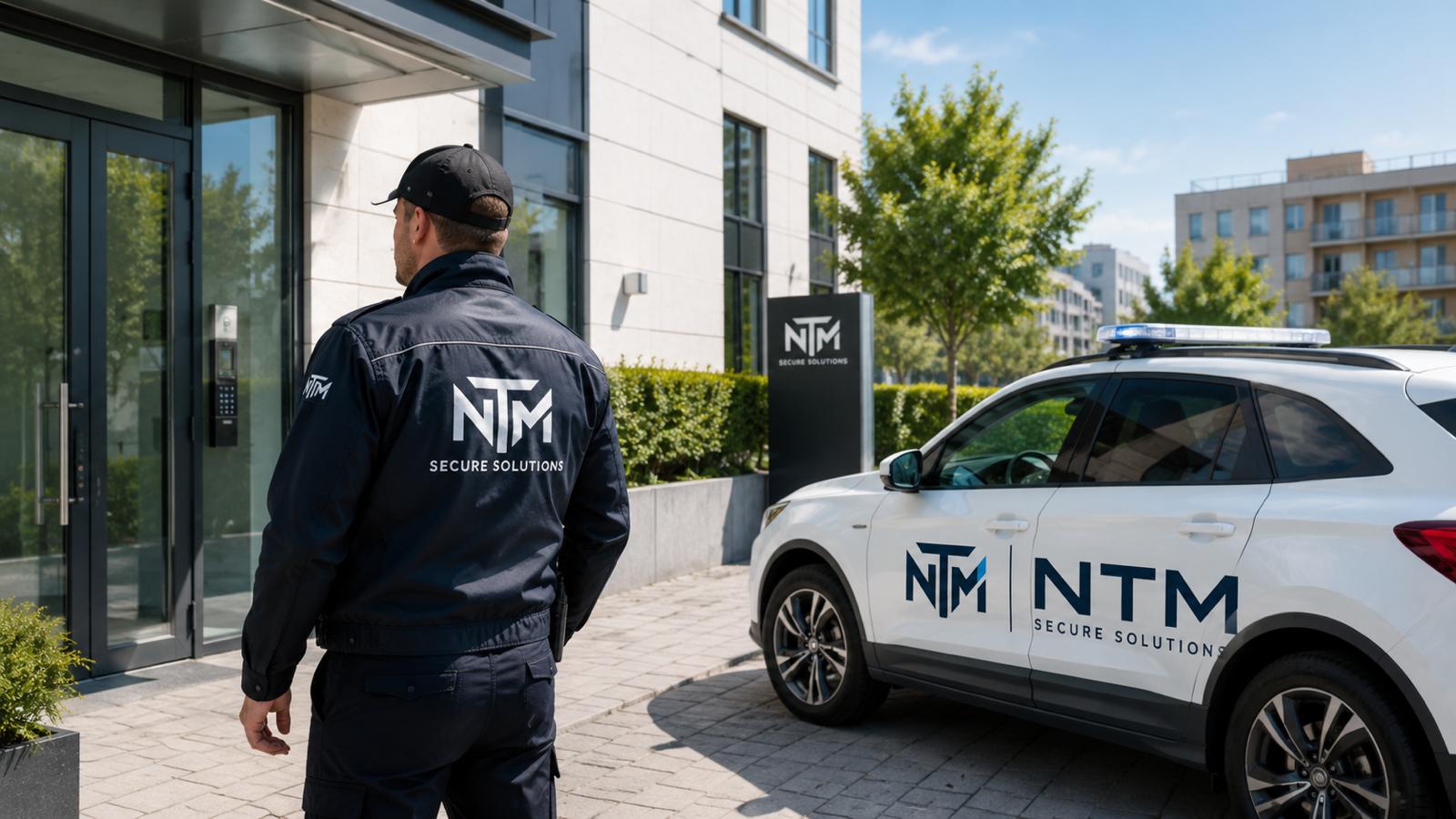 NTM Sicherheitsmitarbeiter vor Objekt mit Einsatzfahrzeug